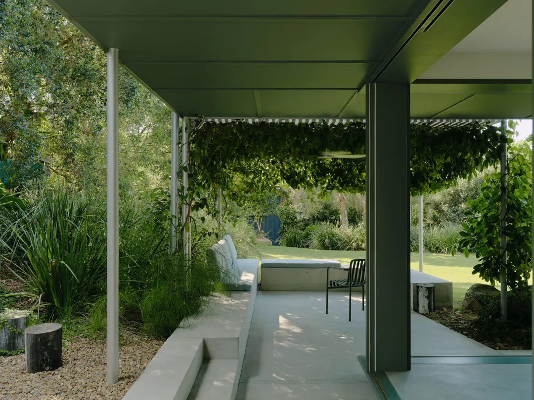 The breezeway under the house, a concrete path between planter beds of grasses leading out to the garden